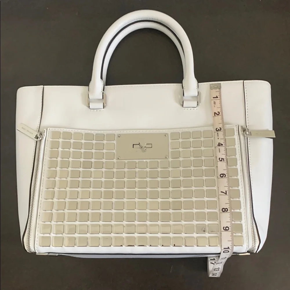 Michael Kors Silver and White Tote Bag with Geometric Design